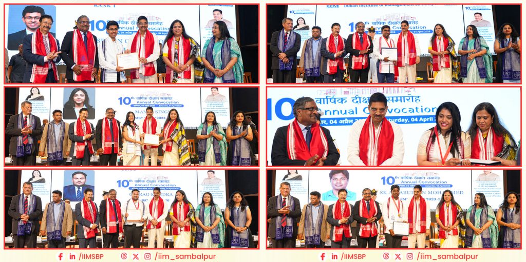 The convocation was graced by Dr. Hari Babu Kambhampati, Hon’ble Governor of Odisha, as the Chief Guest; Ms. Prativa Mohapatra, Vice President & Managing Director, Adobe India, as the Guest of Honour; along with Prof. Chandan Chowdhury, Chairperson In-charge, Board of Governors, IIM Sambalpur, and Prof. Mahadeo Jaiswal, Director, IIM Sambalpur.