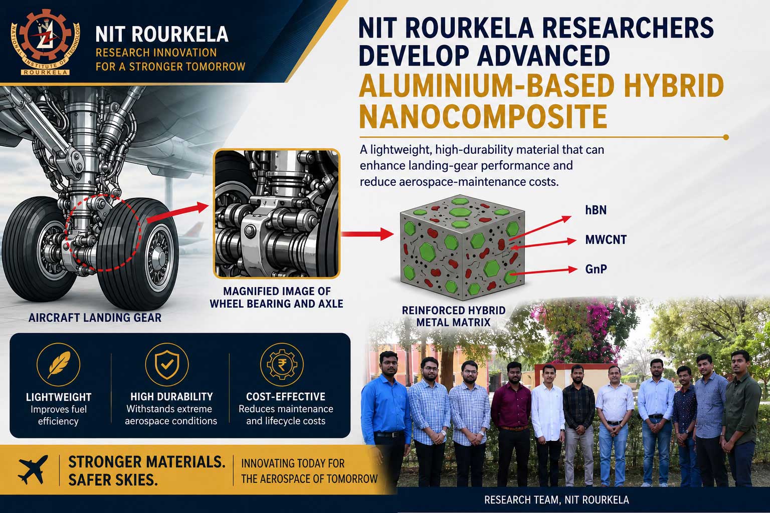 National Institute of Technology Rourkela has developed a lightweight, high-durability material that could significantly enhance aircraft landing gear performance.