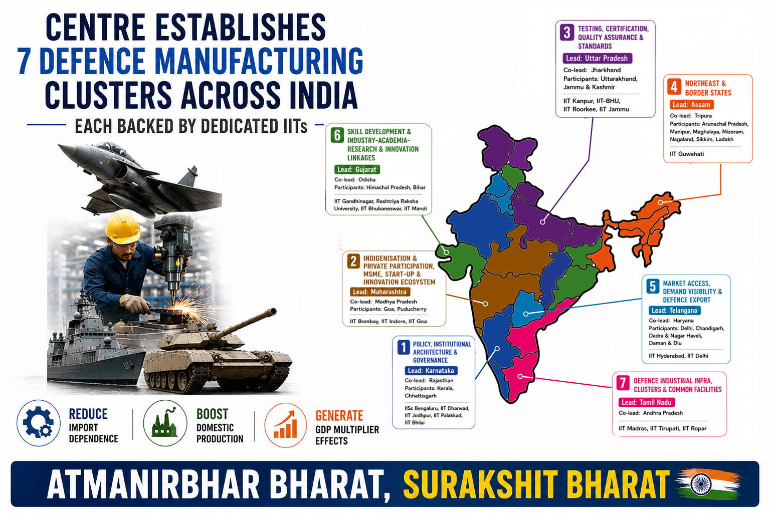 Centre plans to set up seven defence man­u­fac­tur­ing clusters States and UTs backed by IITs to form them­atic hubs