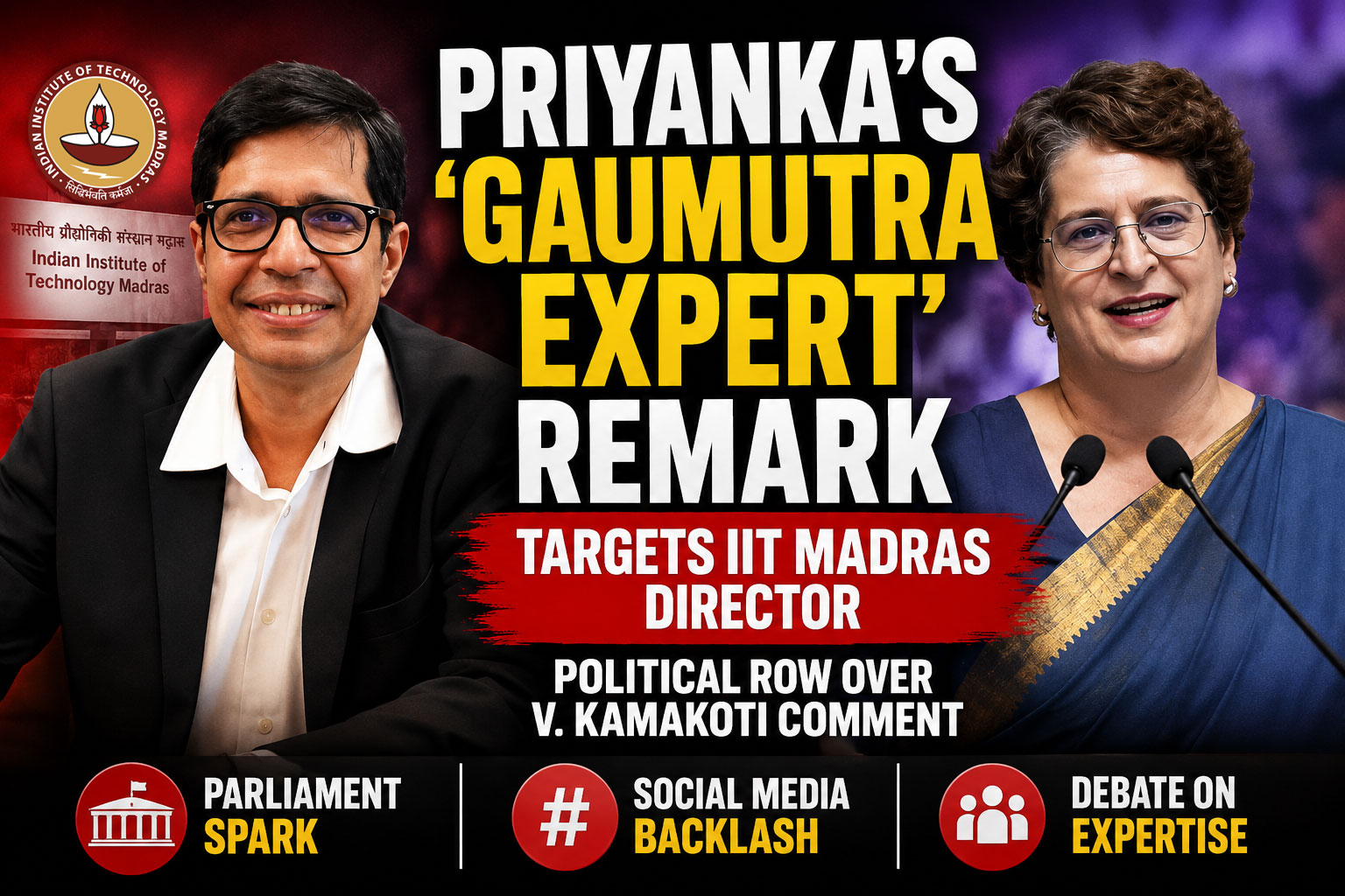 Priyanka Gandhi’s “gaumutra expert” remark targeted IIT Madras director V Kamakoti over his 2025 cow urine comments, triggering a sharp political row in Parliament.