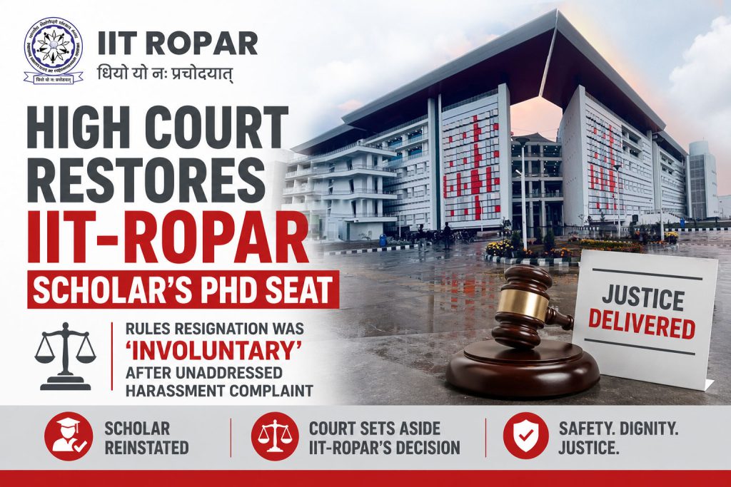 High Court Restores IIT‑Ropar Scholar’s PhD Seat, Rules Resignation Was ‘Involuntary’ After Unaddressed Harassment Complaint