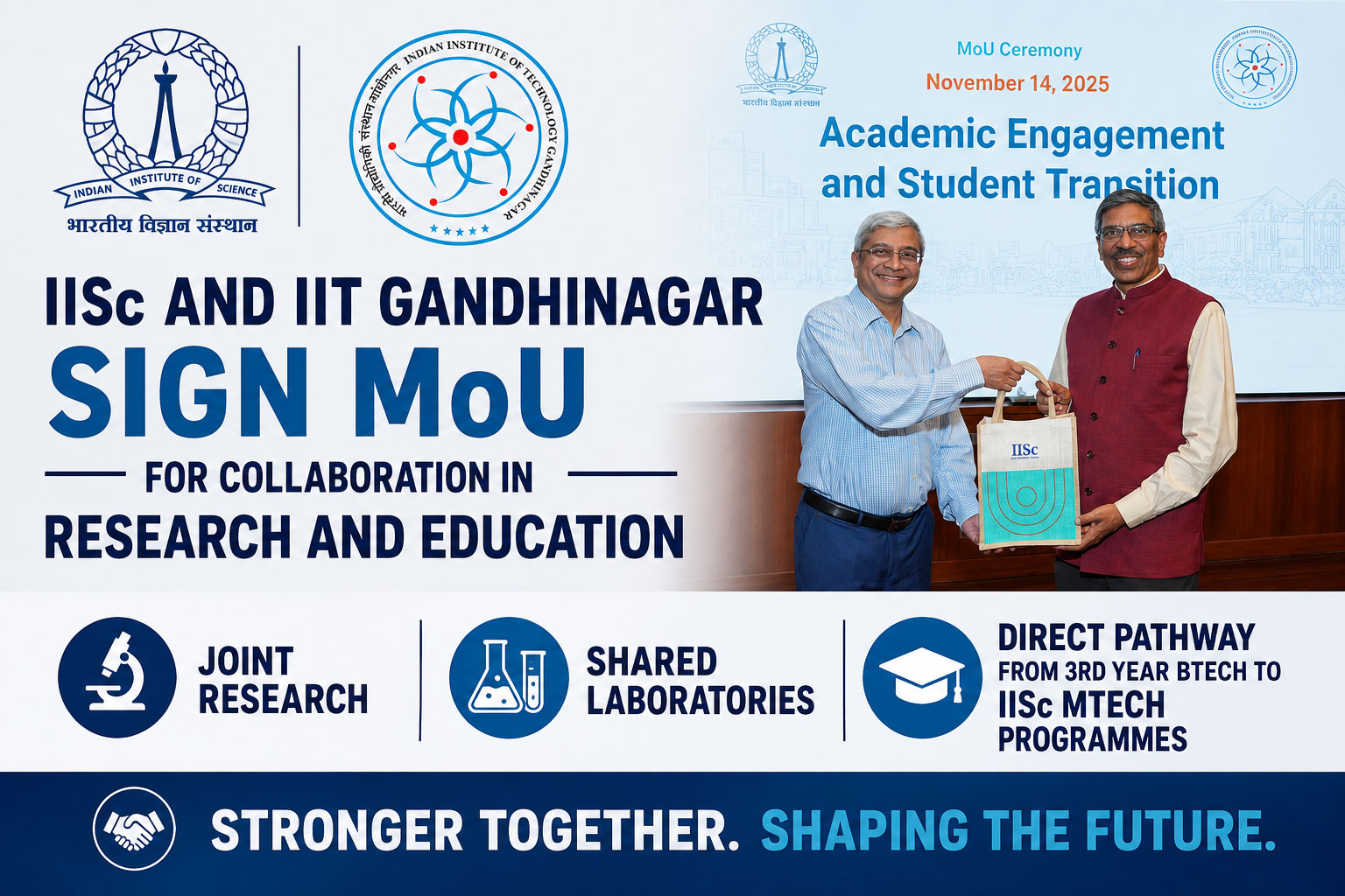 IISc and IIT Gandhinagar sign MoU enabling joint research, shared laboratories and a direct pathway from third-year BTech to IISc MTech programmes for high-performing students.
