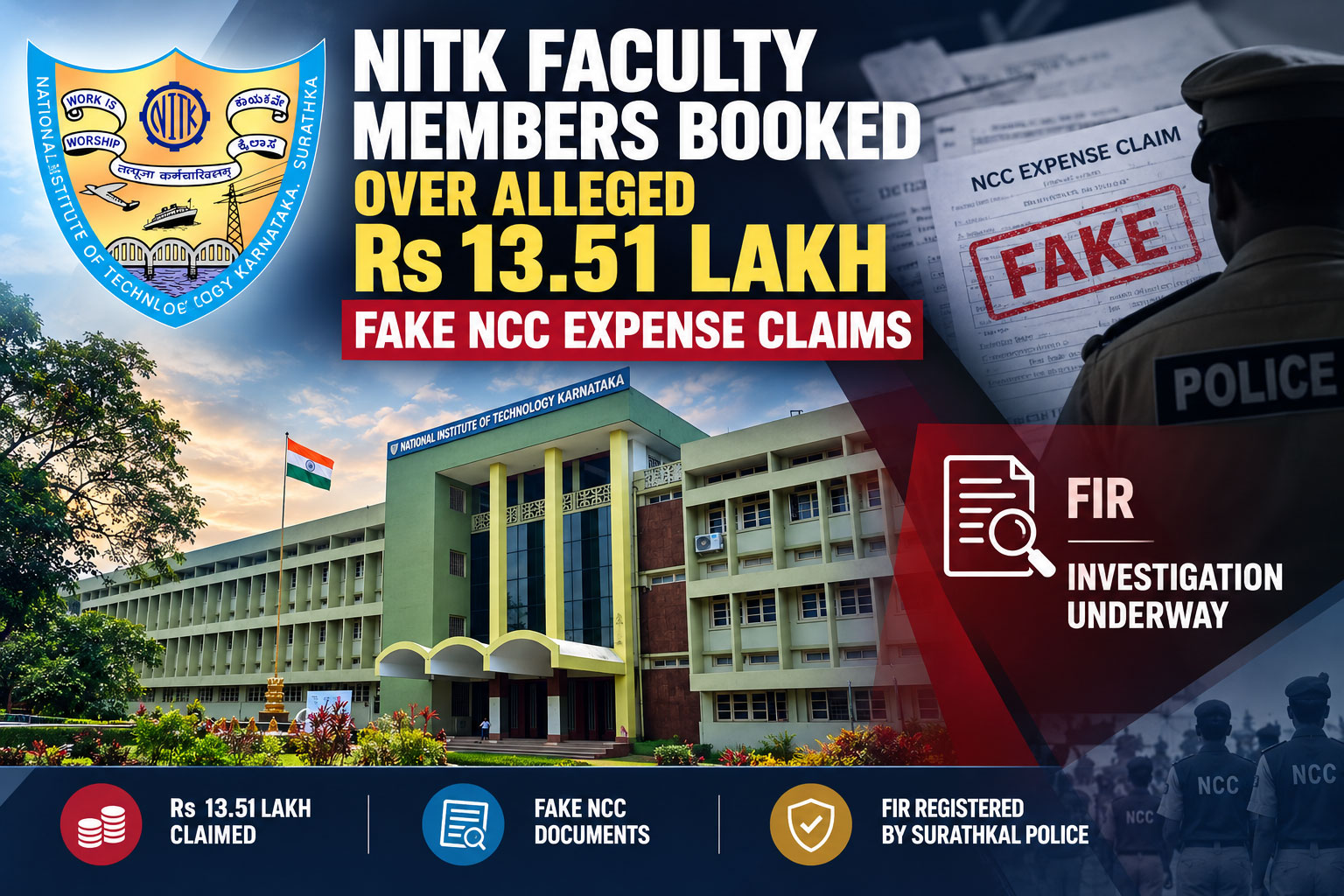 Surathkal police register FIR against two NITK faculty members for allegedly submitting fake NCC duty documents and claiming Rs 13.51 lakh in reimbursements.